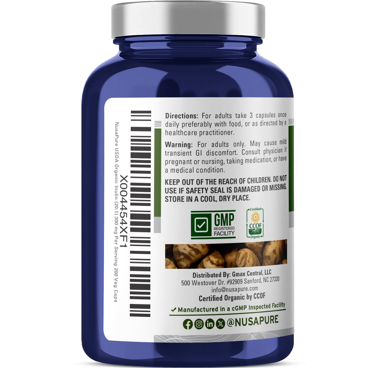 NusaPure Inulin Powder 20:1 Extract capsules nutritional facts and ingredient list side