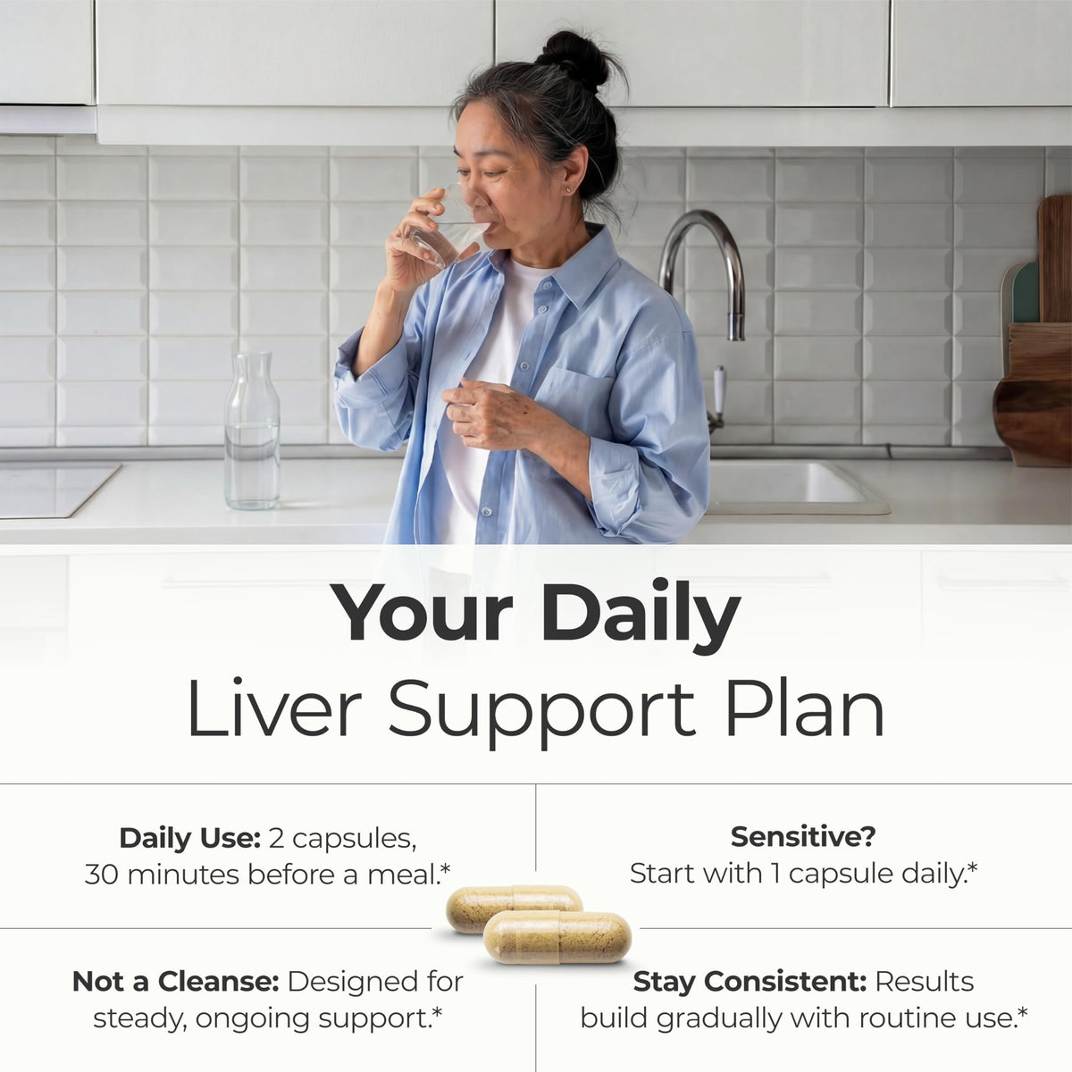 Thirty day supply liver care dietary supplement bottle placed on a clean background