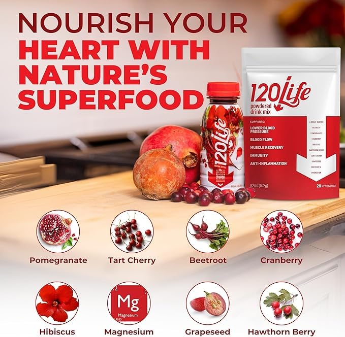 120LIFE Natural Beet Root Powder Blood Pressure Support Mix serving suggestion in glass