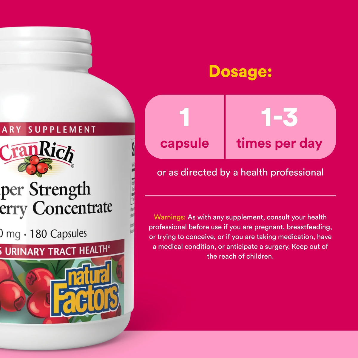 Natural Factors CranRich 36 to 1 ratio cranberry capsules showing non-GMO and gluten-free certification labels