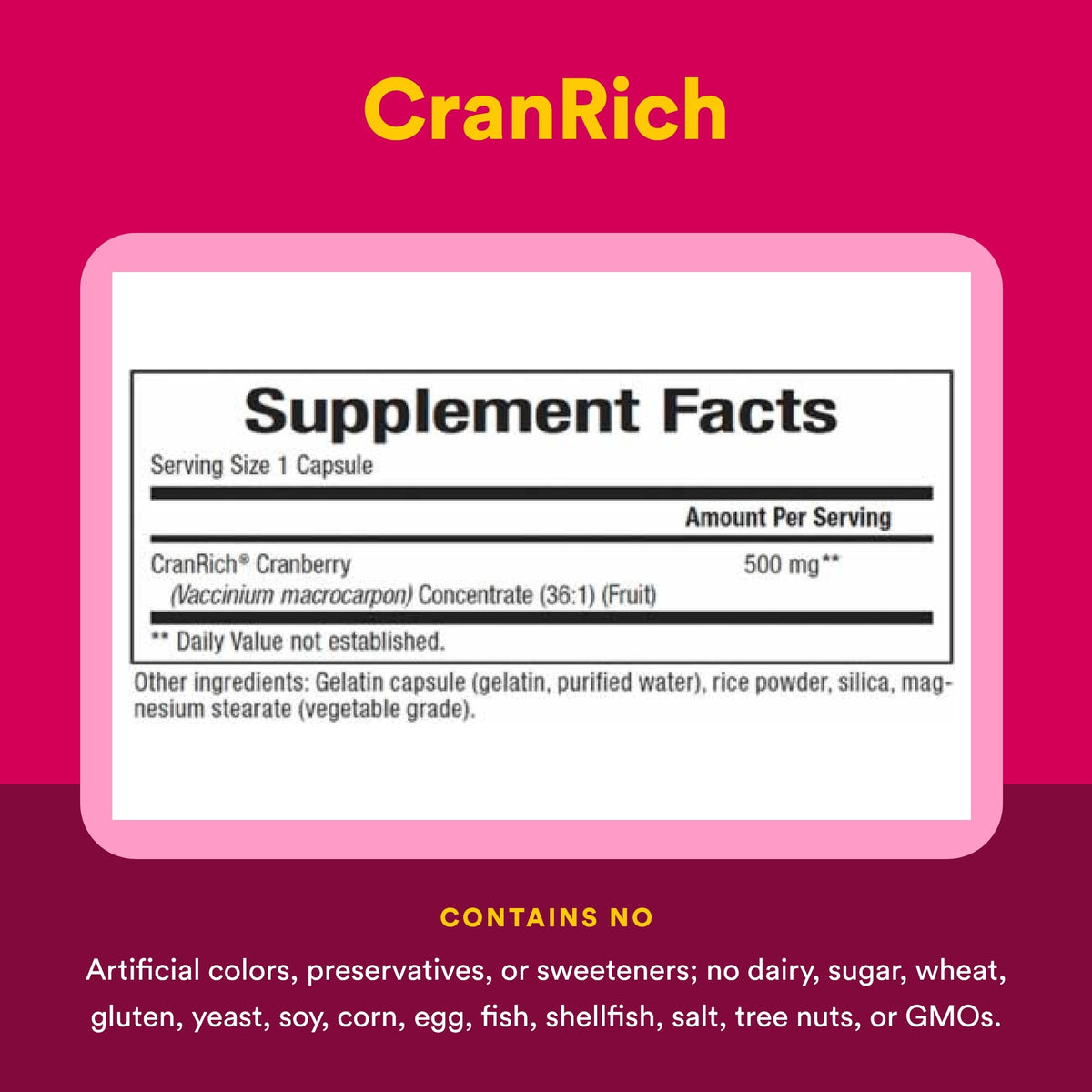Authentic USA imported Natural Factors Cranberry Concentrate 180 capsules packaging side view showing directions for use