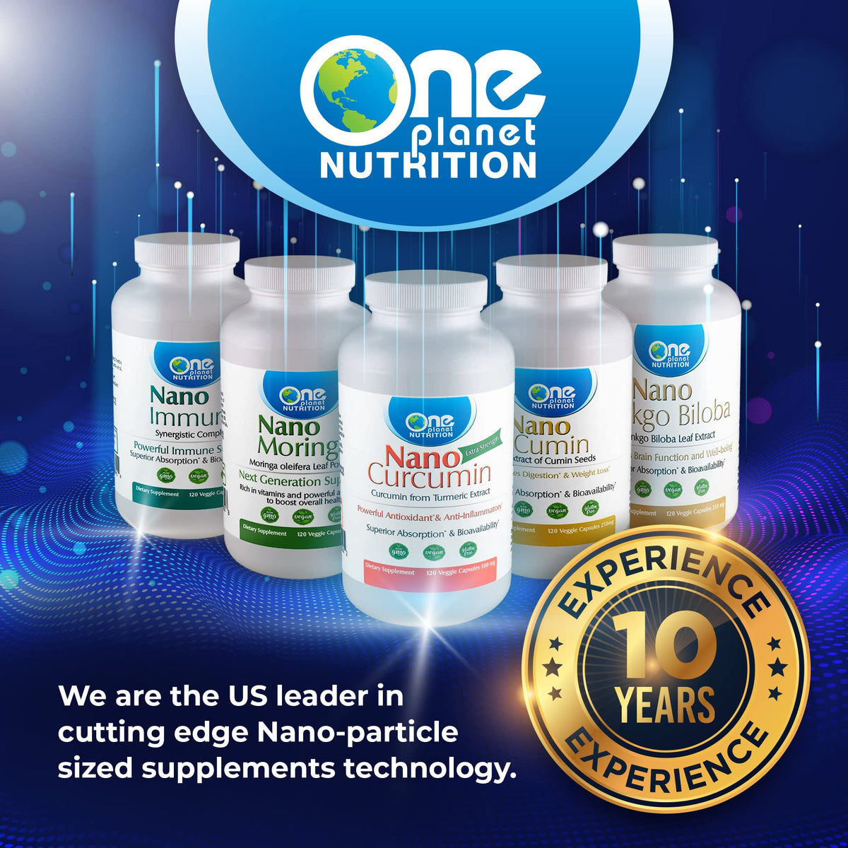 Top view of One Planet Nutrition Nano Curcumin Plus supplement packaging
