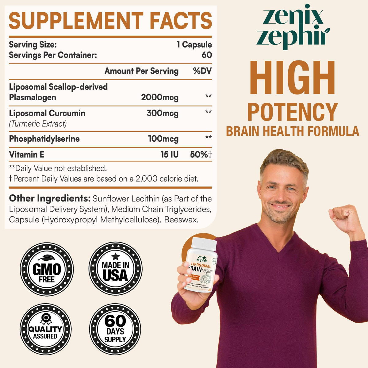 Back label of Zenixzephir liposomal plasmalogen supplement showing usage instructions