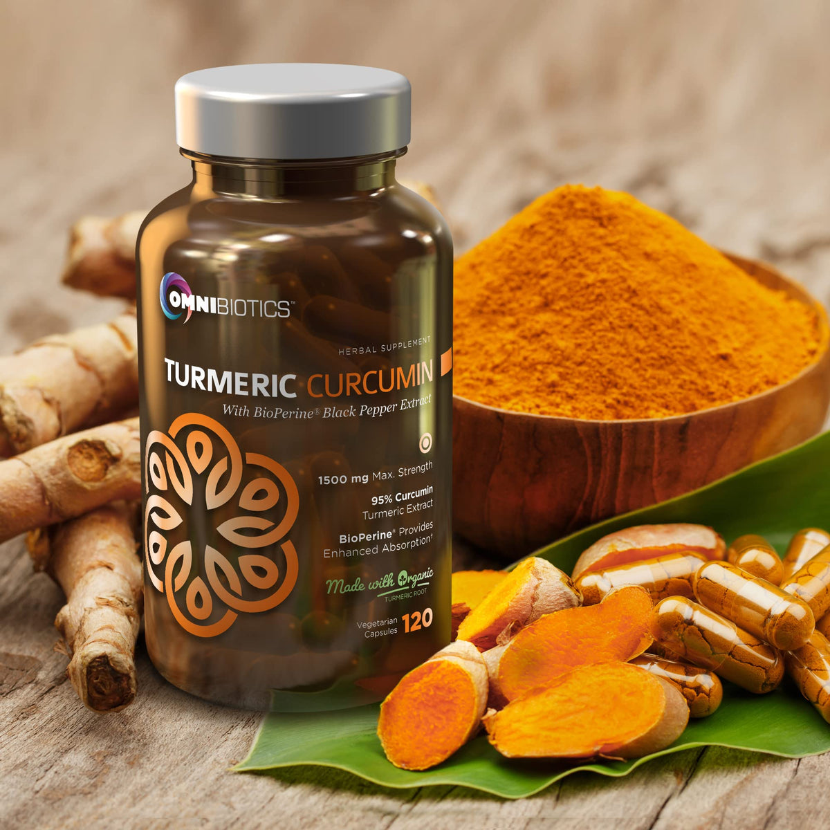 OmniBiotics Organic Turmeric Curcumin bottle with BioPerine branding