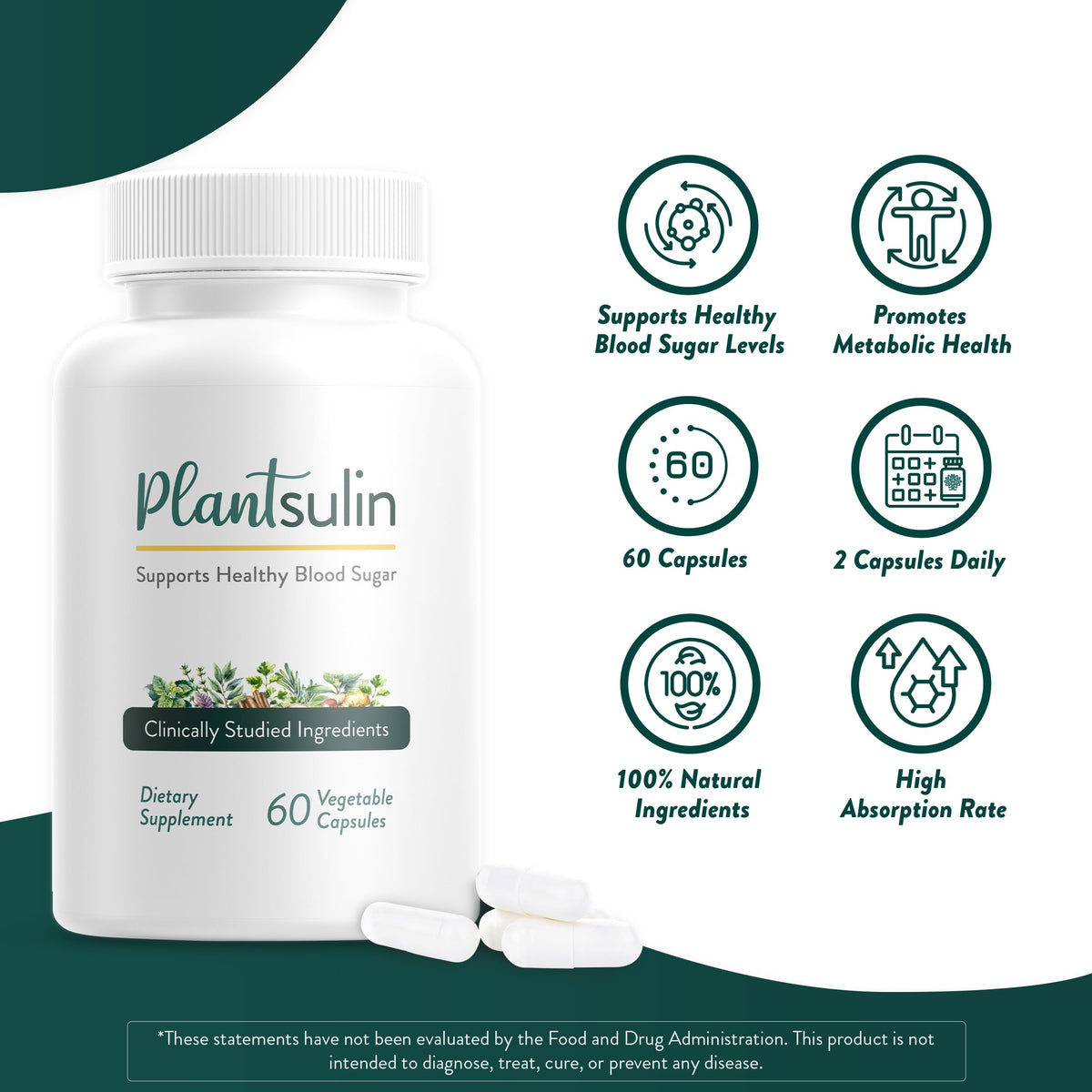 Plantsulin Advanced Capsules dietary supplement bottle displaying eleven plant extracts label