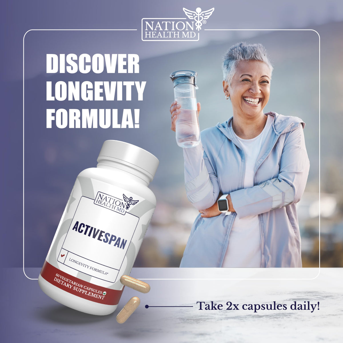 Authentic USA imported Nation Health MD ActiveSpan container showcasing telomere and stem cell support claims