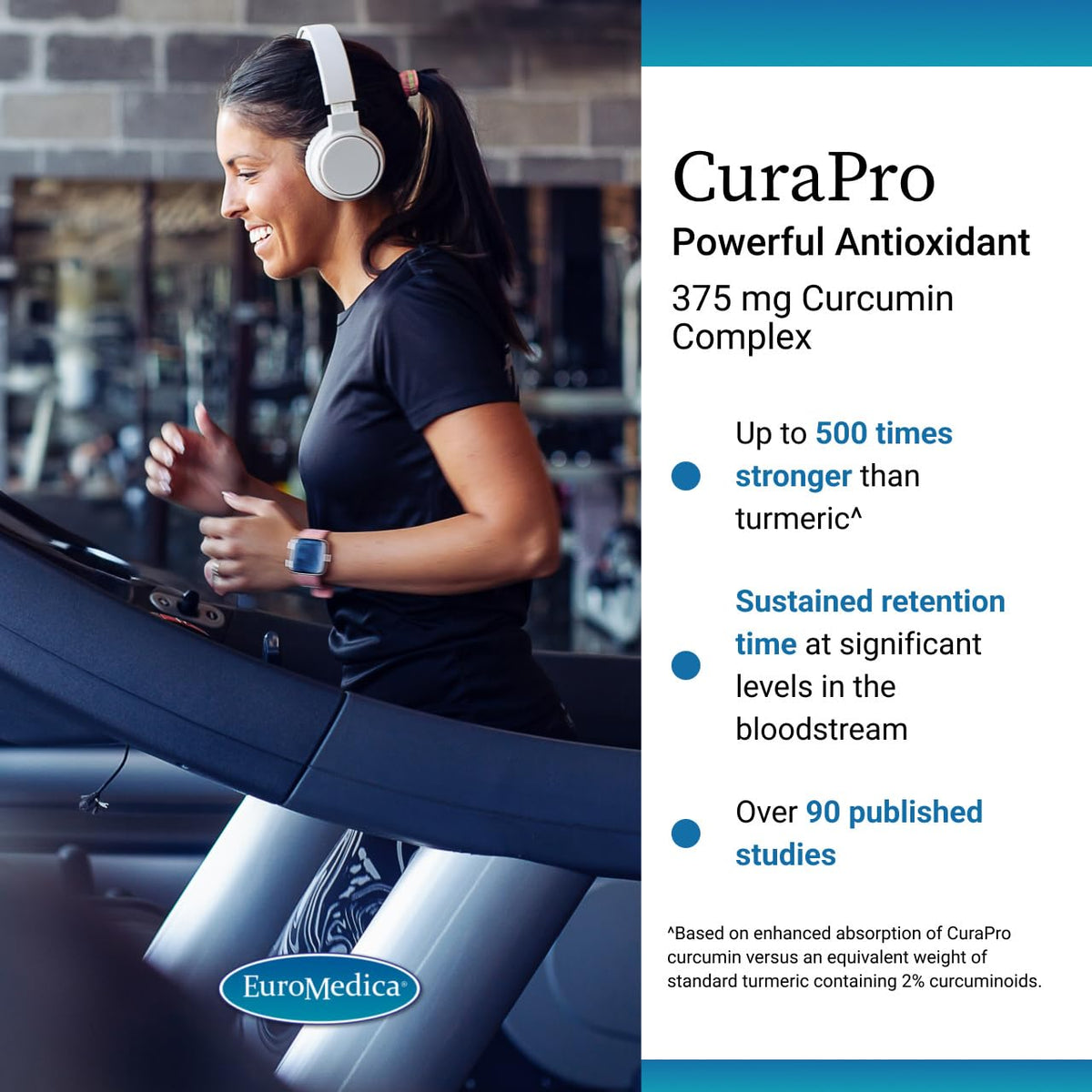 Side view of EuroMedica CuraPro 375mg supplement bottle