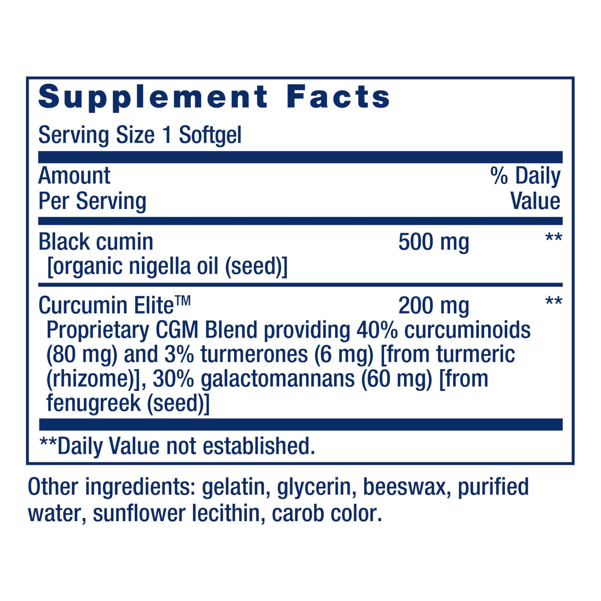 Sixty count bottle of Life Extension black cumin and turmeric softgels