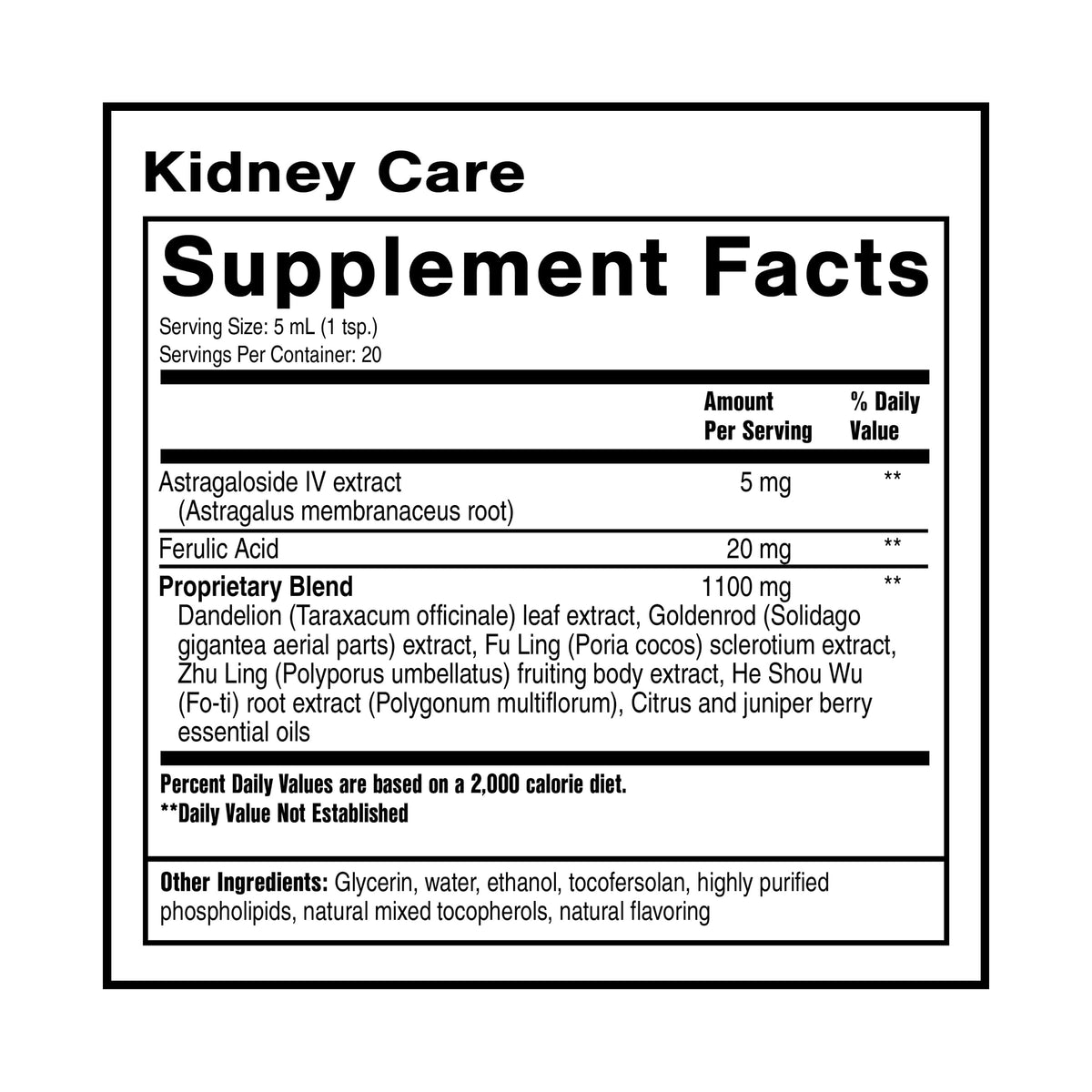 Side view of Quicksilver Scientific Kidney Care 3.38 fluid ounce showing clear instructions for use and precise supplement facts panel.