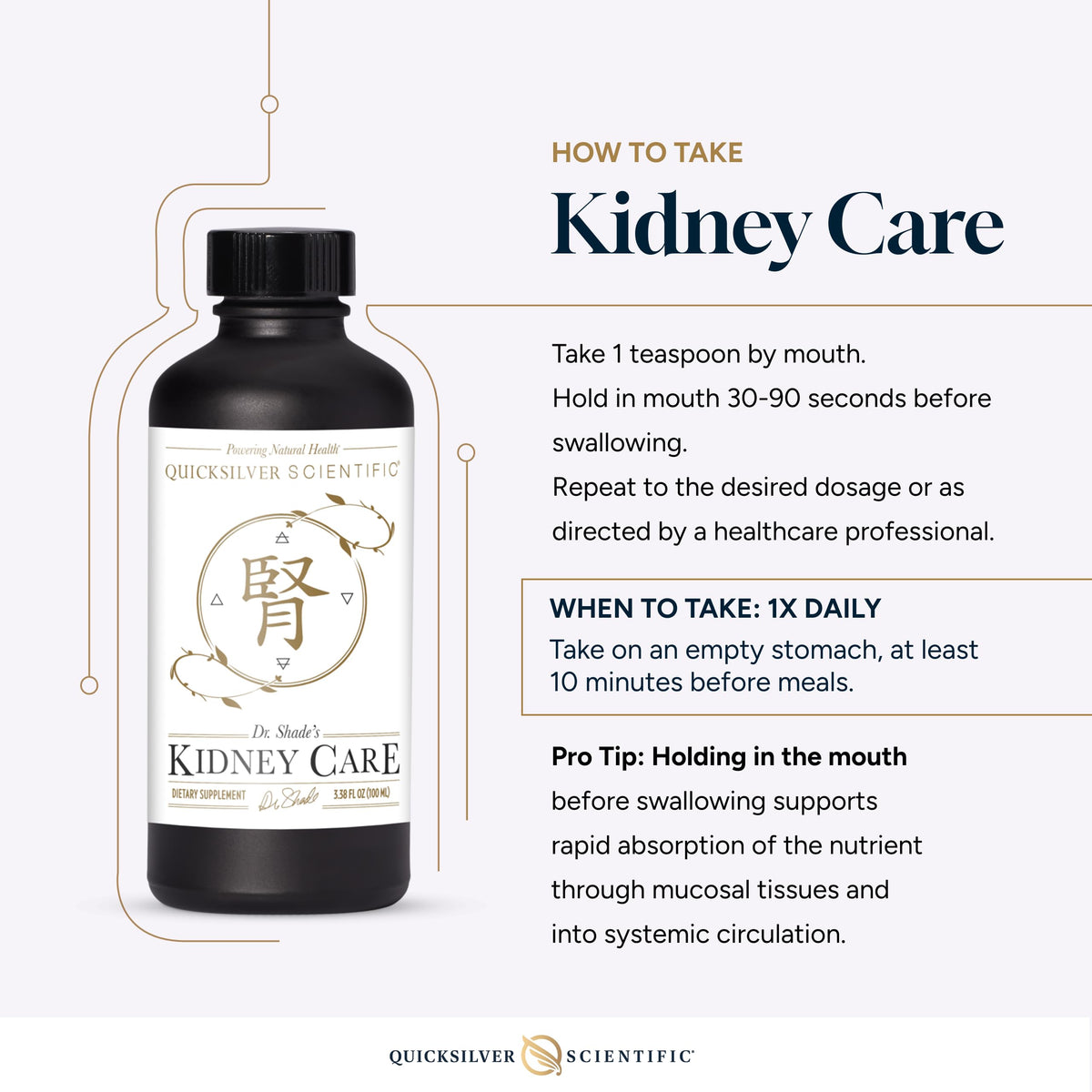 The complete retail packaging of Quicksilver Scientific Kidney Care detoxification liquid displaying the official batch codes and seals.