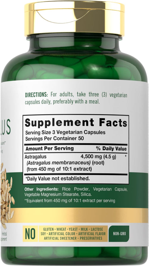 Carlyle Astragalus 150 vegetarian capsules supplement label details showcasing non-GMO and gluten-free certifications