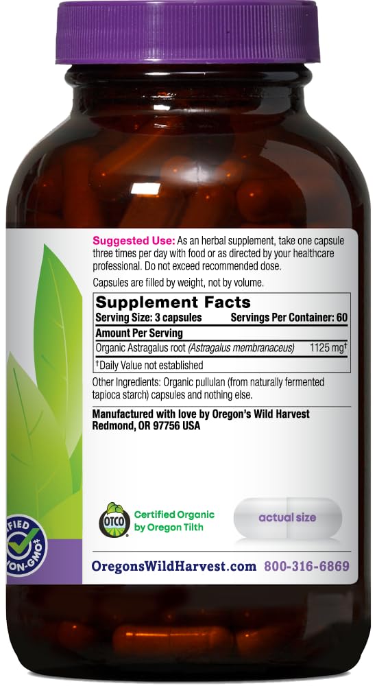 Oregons Wild Harvest Astragalus supplement nutritional facts and organic ingredient label panel