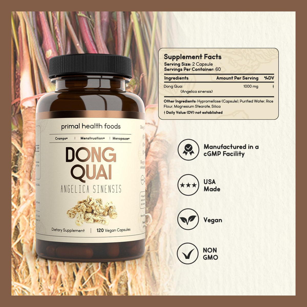 Primal Health Foods Angelica sinensis supplement supplement facts label showing 1000mg dosage instructions