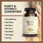 Side view of organic dong quai root extract bottle highlighting non GMO and gluten free certifications