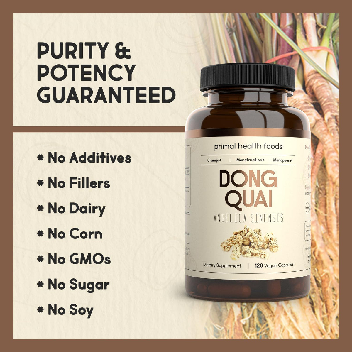Side view of organic dong quai root extract bottle highlighting non GMO and gluten free certifications