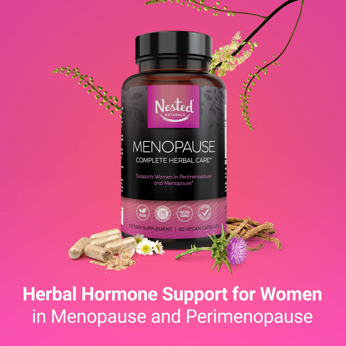 Back label of Menopause Complete showing black cohosh and dong quai ingredients.