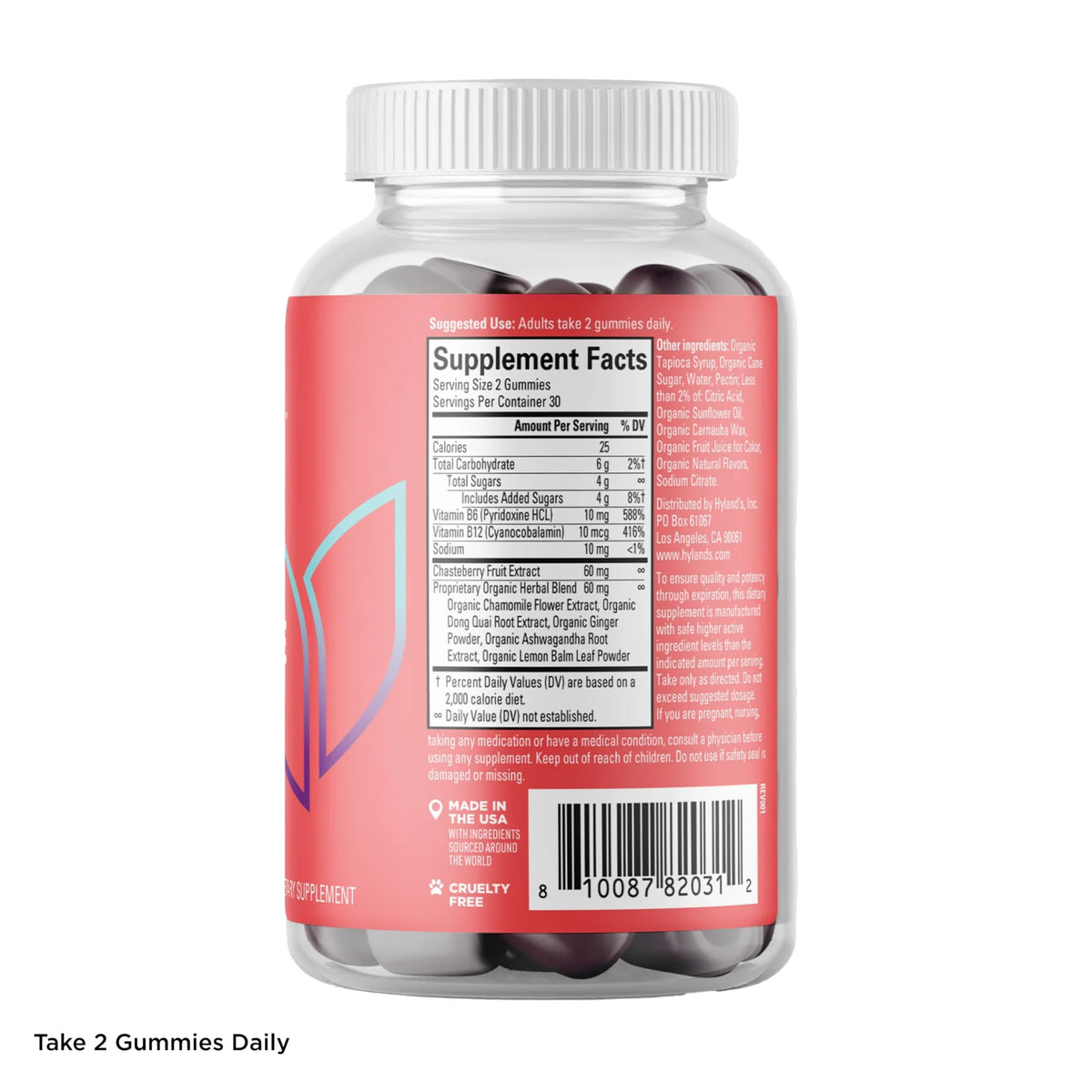 Hyland's Naturals complete PMS rescue mixed berry flavor supplement nutrition facts label closeup.