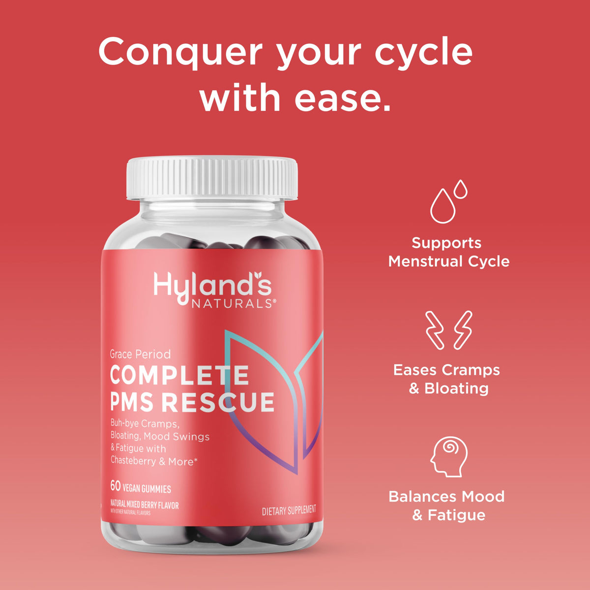 Premium USA imported plant based menstrual support gummies by Hyland's side panel detail.