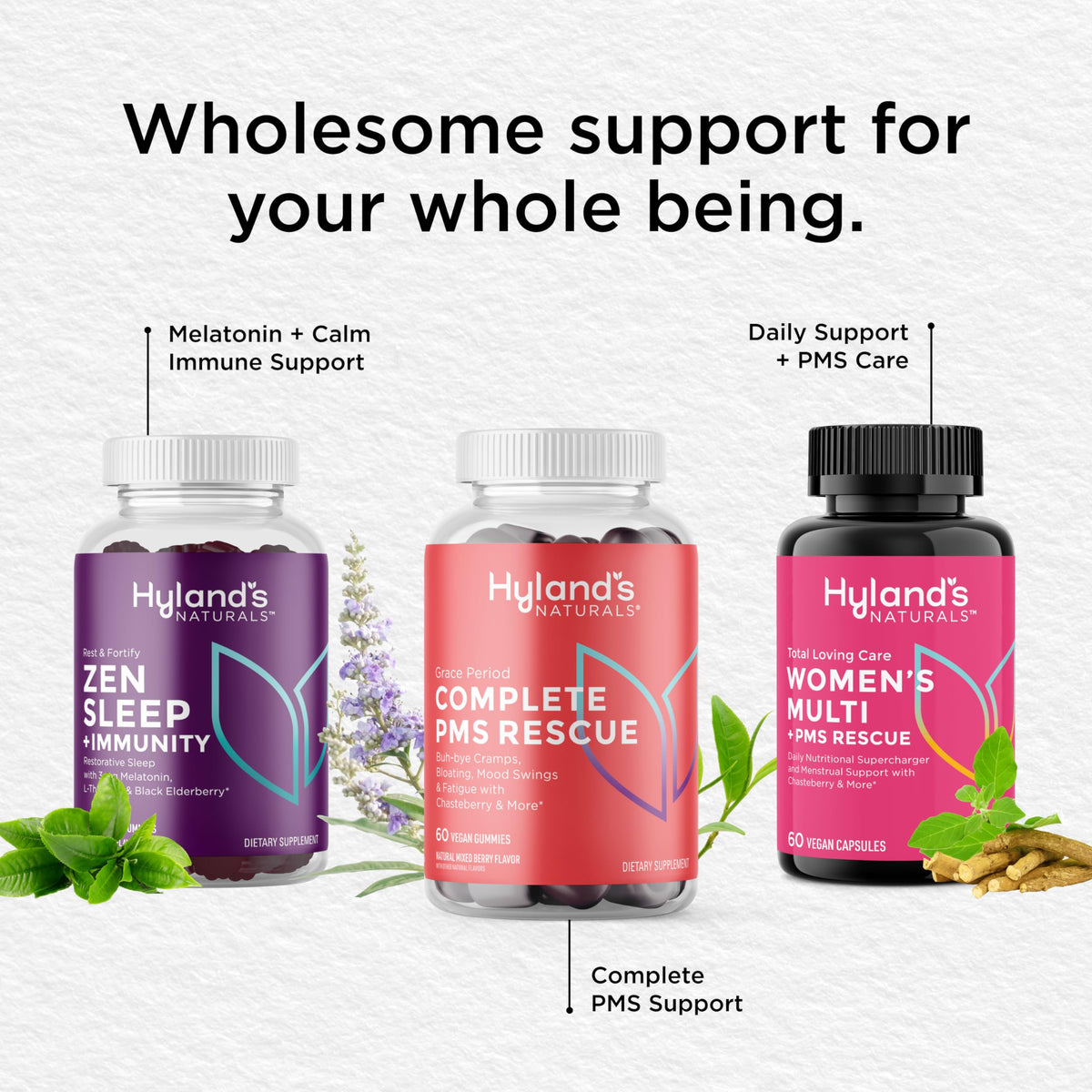 Hyland's health and wellness women's cycle support vegan supplement on a clean display background.