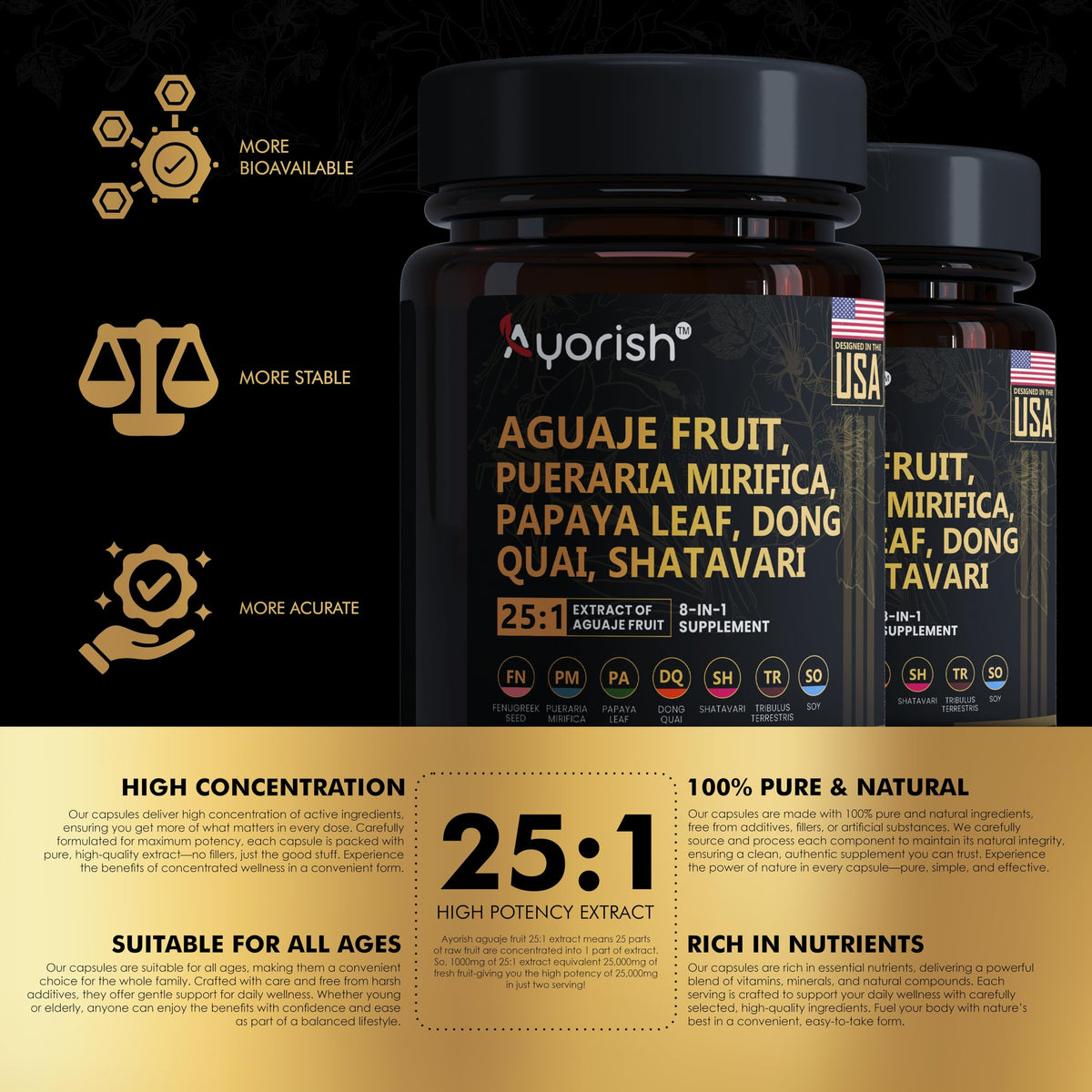 Authentic imported Ayorish veggie capsules bottle displaying aguaje fruit premium herbal ingredients.