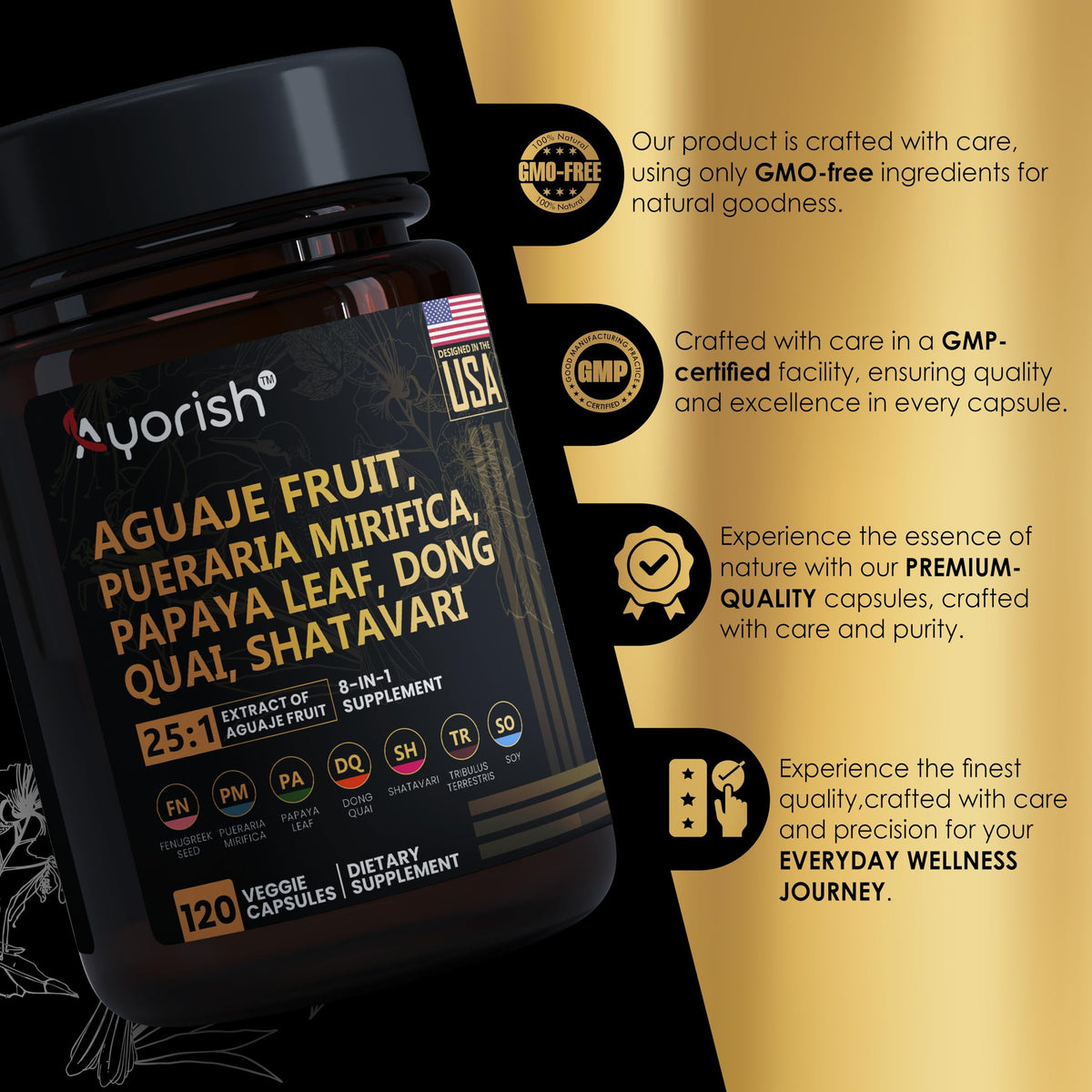 Ayorish hormonal balance supplement bottle showing secure seal and authentic USA manufacturing details.