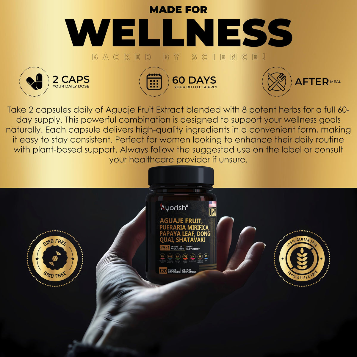 Lifestyle view of Ayorish Aguaje Fruit 120 capsules bottle focusing on premium feminine wellness blend.