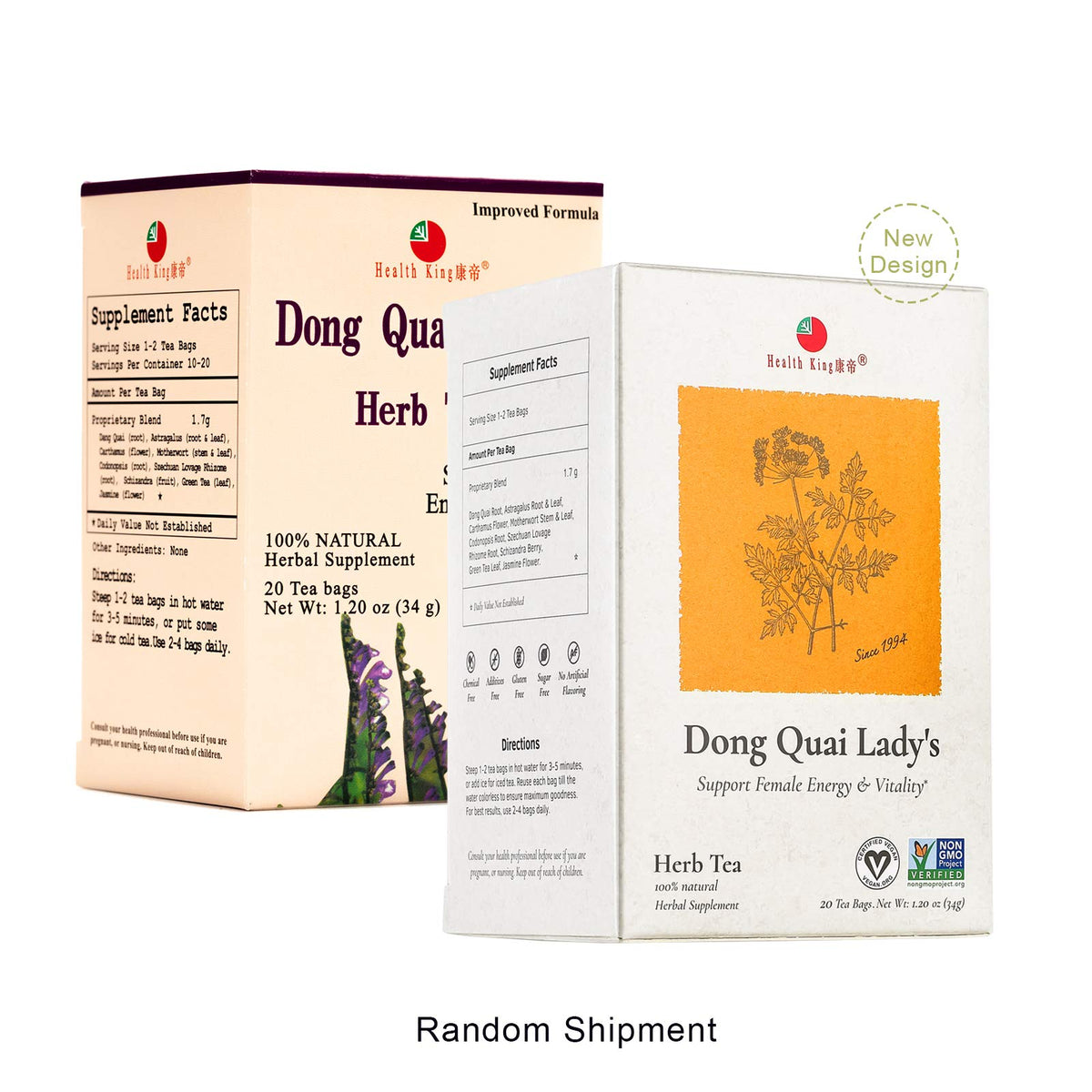 Health King Chinese herbal tea box showing 20 staple free bags