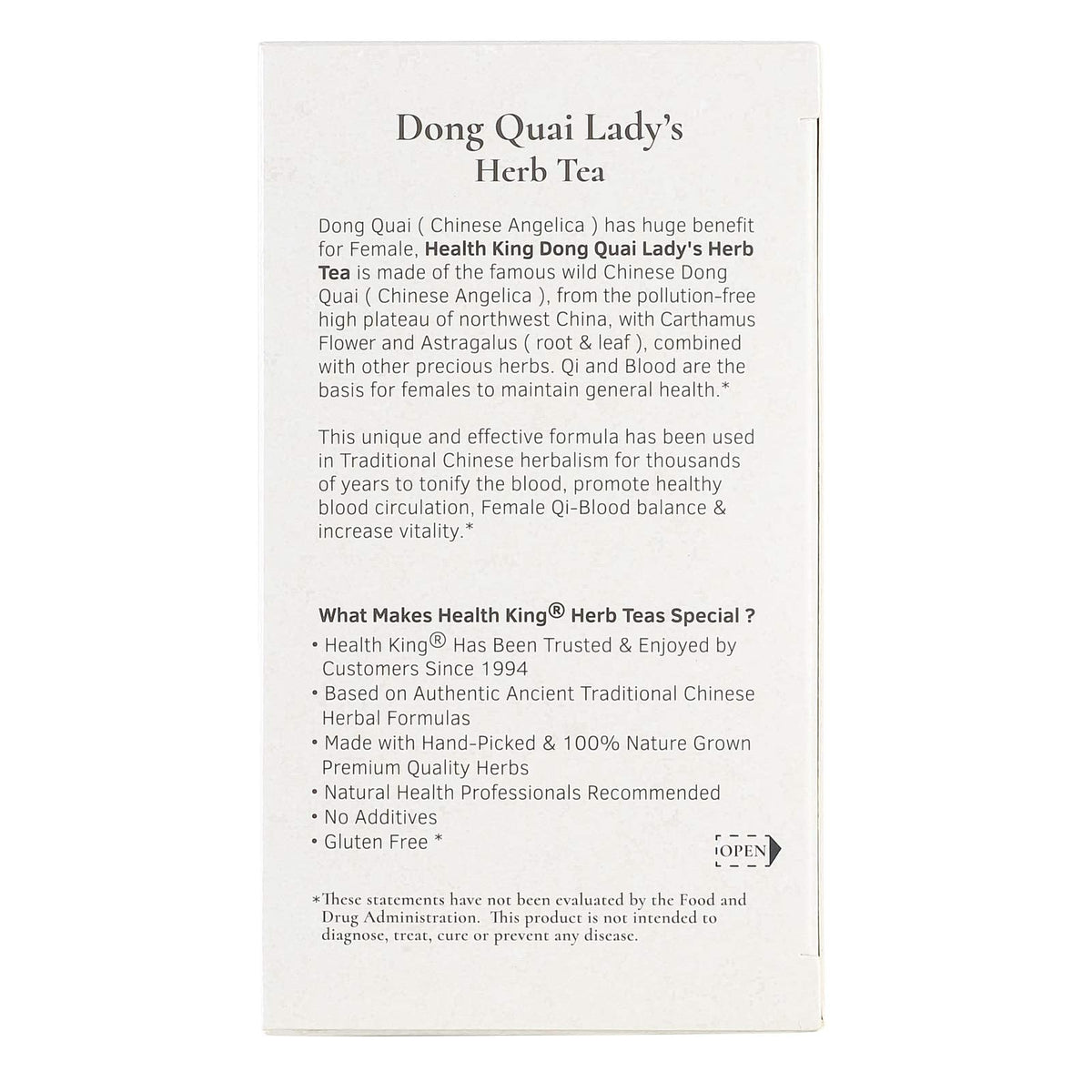 Dong Quai Ladys Herb Tea ingredients panel showing proprietary root blend