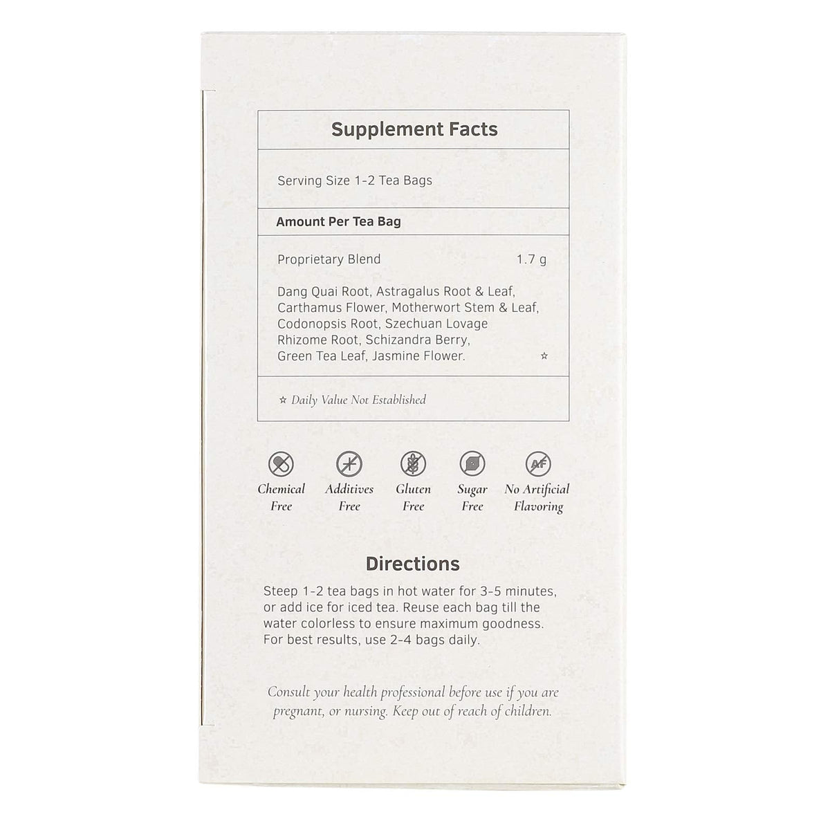 Health King gynecological support tea side view with USA import details