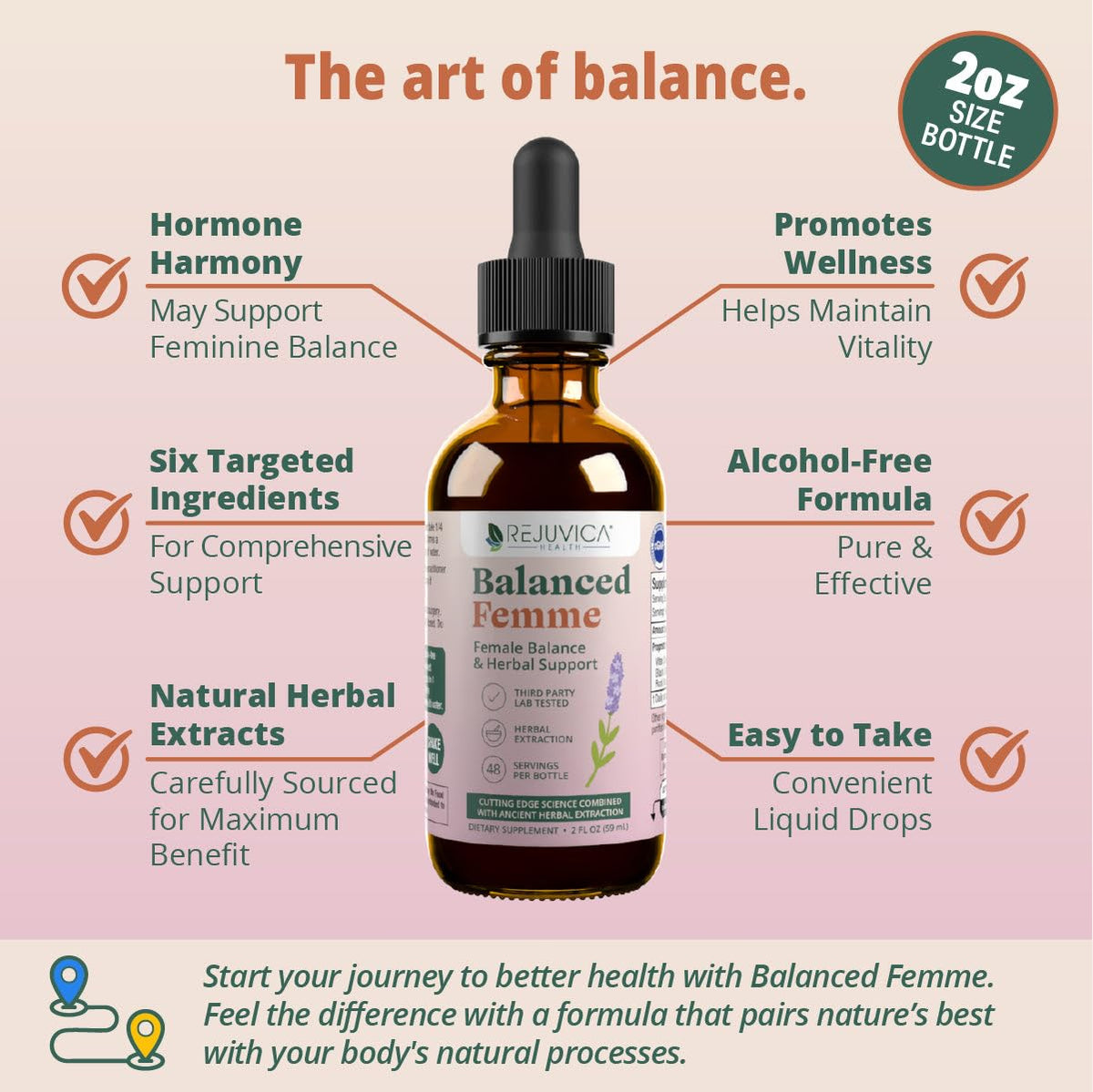 Rejuvica Balanced Femme two fluid ounce container showing proprietary blend of Vitex and Dong Quai ingredients.