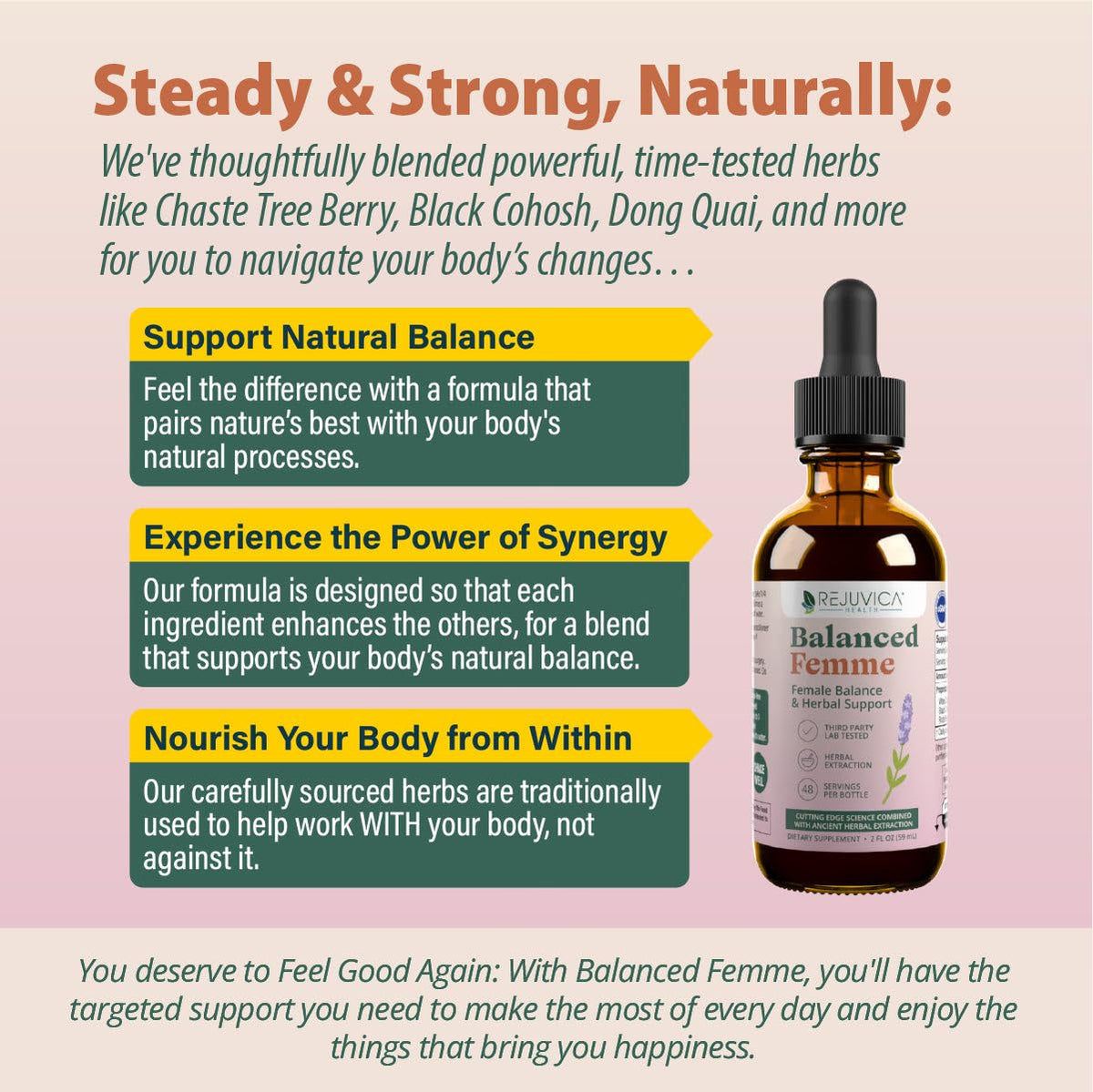 Close up of the dropper mechanism and liquid texture of Rejuvica Balanced Femme hormone support supplement.