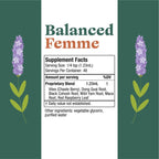 Authentic USA imported Rejuvica Balanced Femme bottle standing upright indicating PMS and menopause symptom relief benefits.