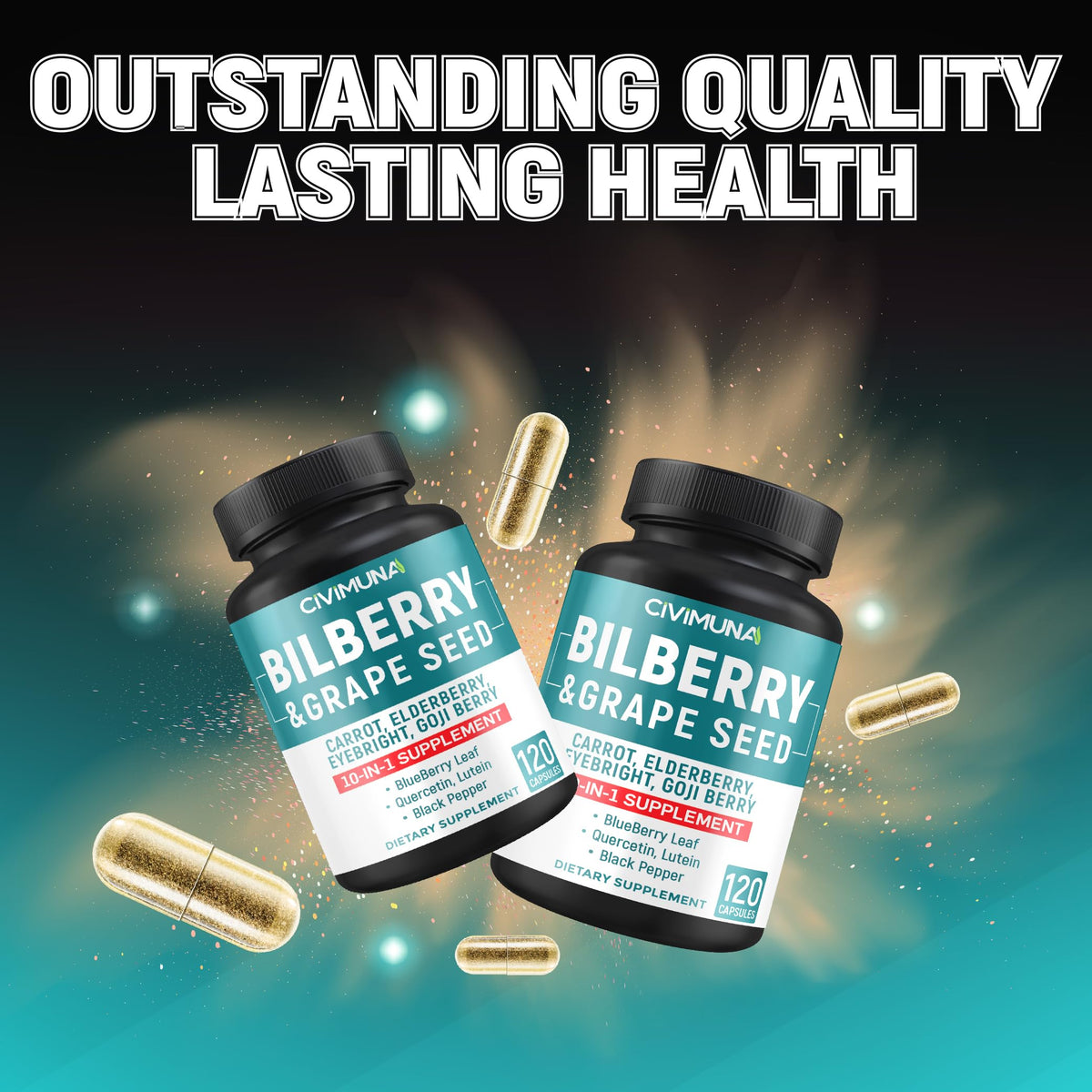 CIVIMUNA bilberry and grape seed antioxidant supplement container showing premium formula details