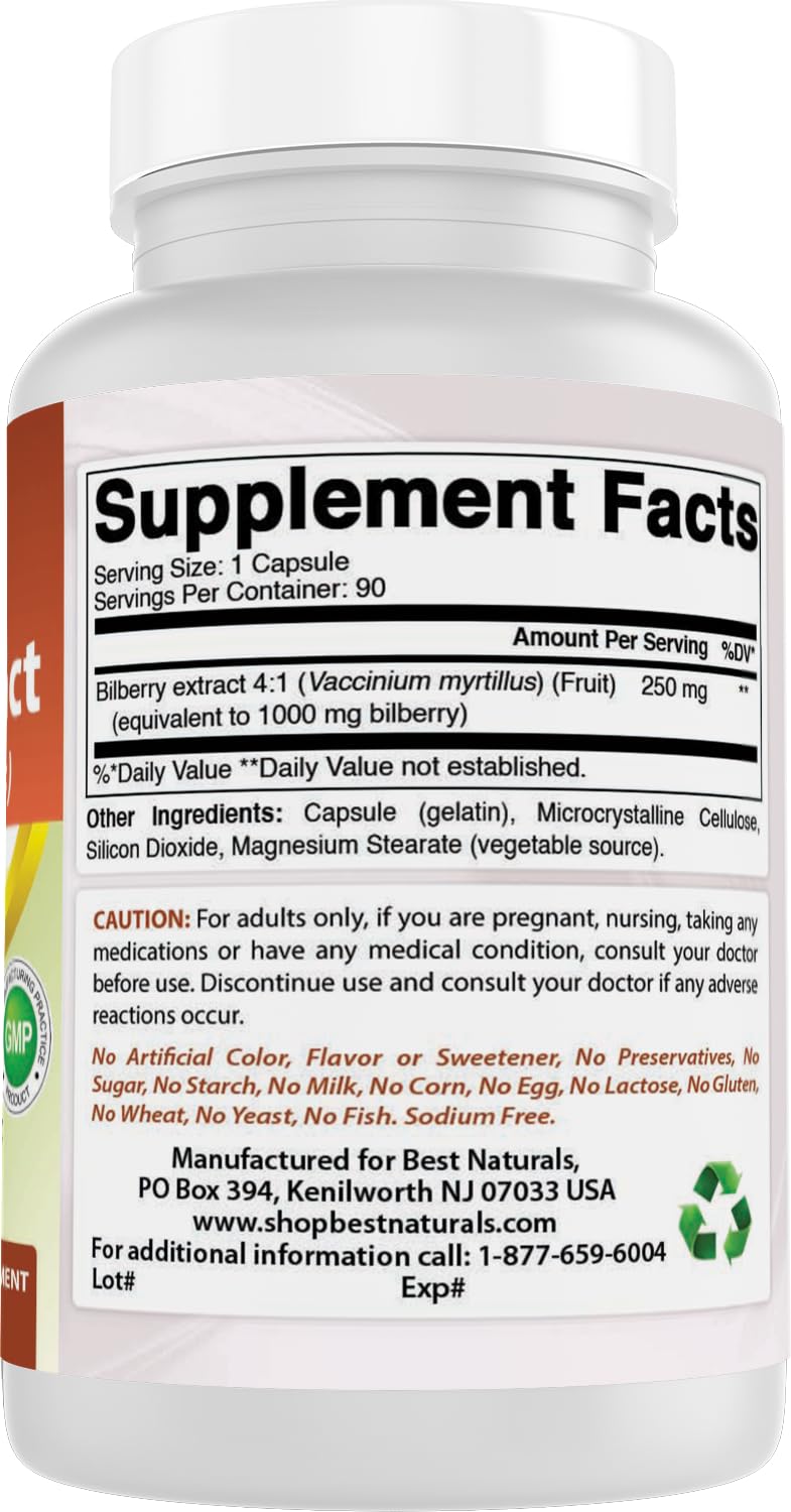 Best Naturals Vaccinium myrtillus 1000mg dietary supplement ingredient list close up