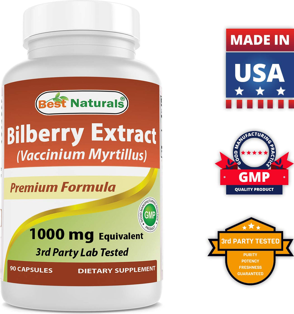 Three bottles of Best Naturals bilberry 1000mg dietary supplement for daily eye care