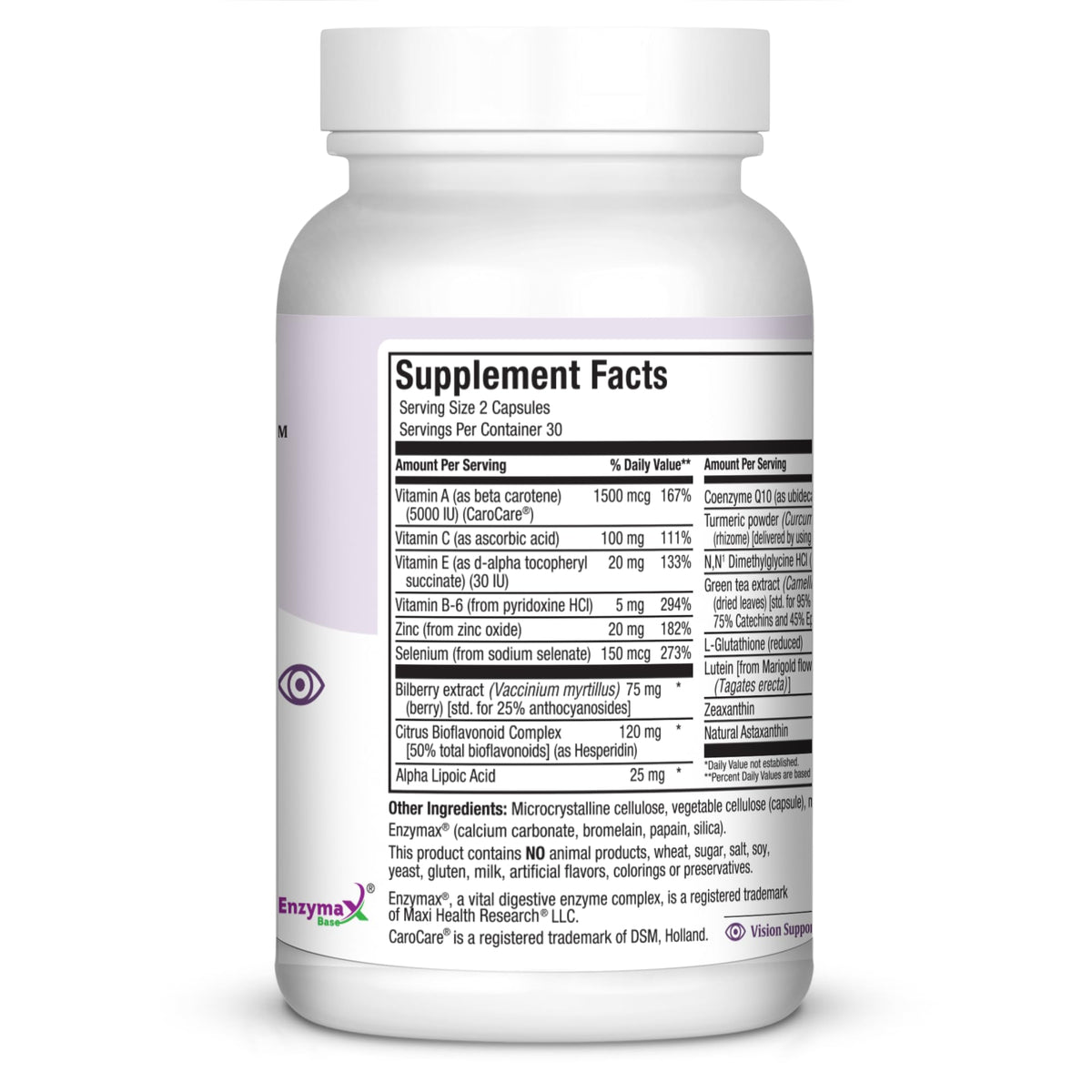 Maxi Health Complete Vision Support unflavored supplement facts label with astaxanthin and bilberry ingredients.