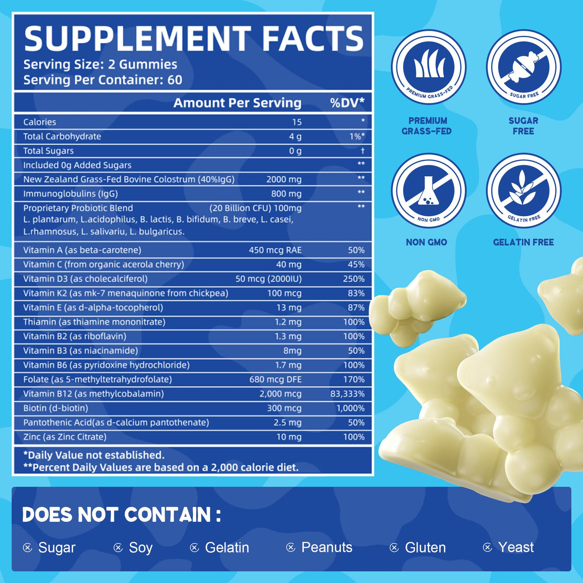 Lactobacillus flavor non GMO colostrum gummies for gut health and hair growth
