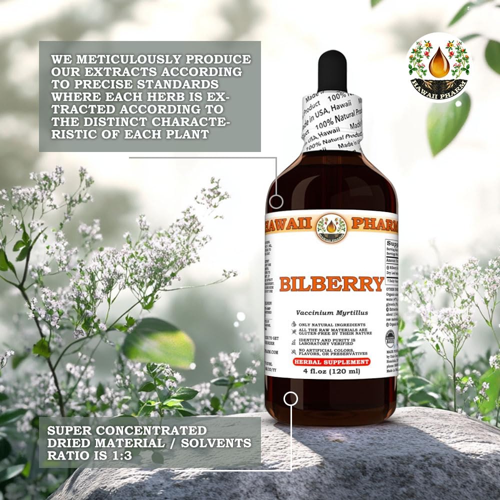 Close up look at the side panel labels of the four ounce bilberry liquid extract highlighting zero artificial colors and no preservatives.