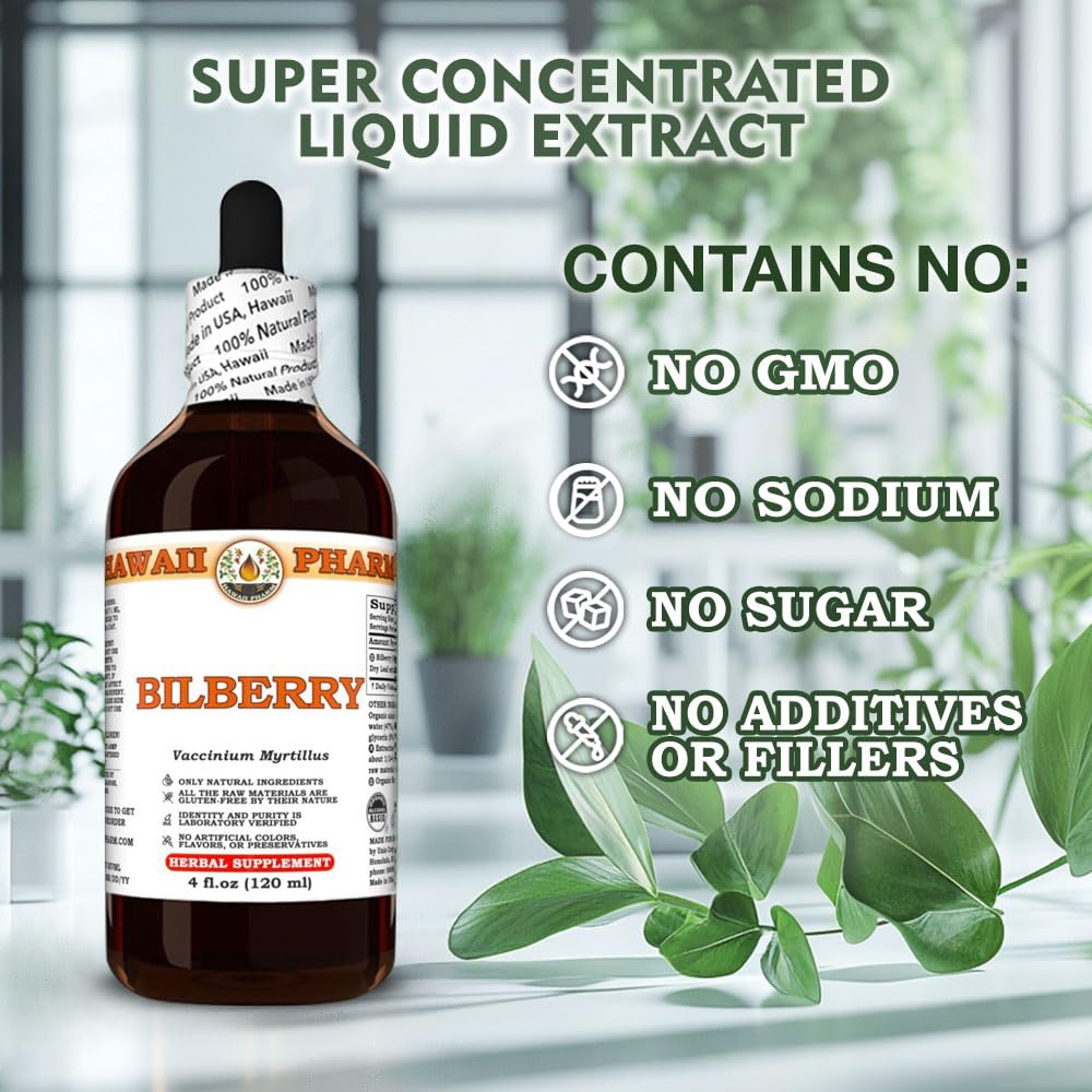 Natural vegan friendly bilberry dry leaf tincture from Hawaii Pharm showcasing the official brand seal and fluid ounce content details.