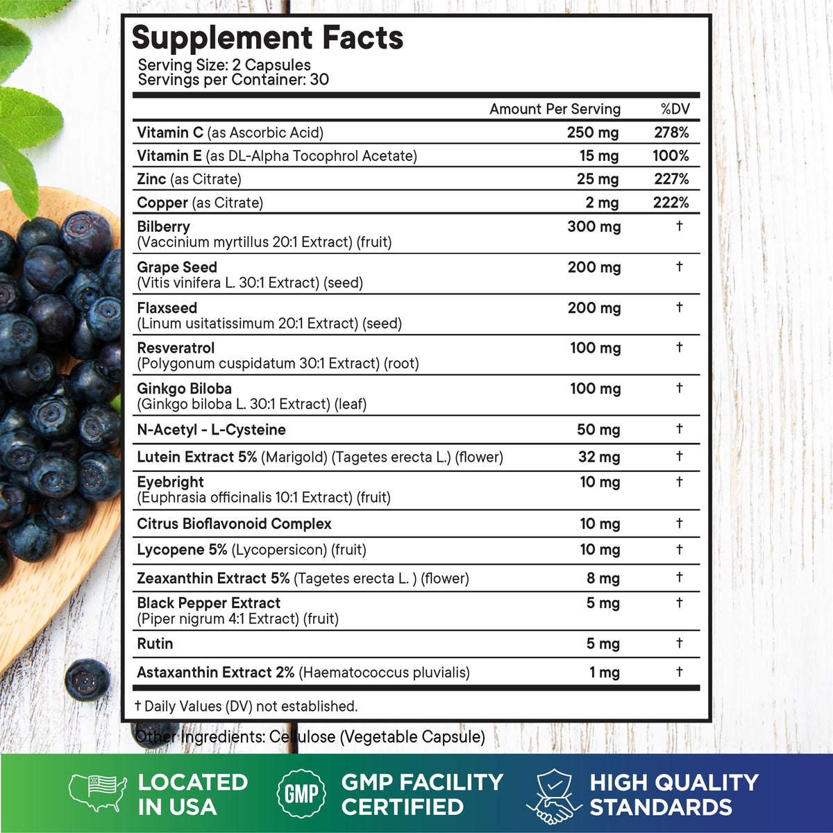 Superfood MD Eye Vitamins label showing Lutein Zeaxanthin and Bilberry ingredient breakdown.