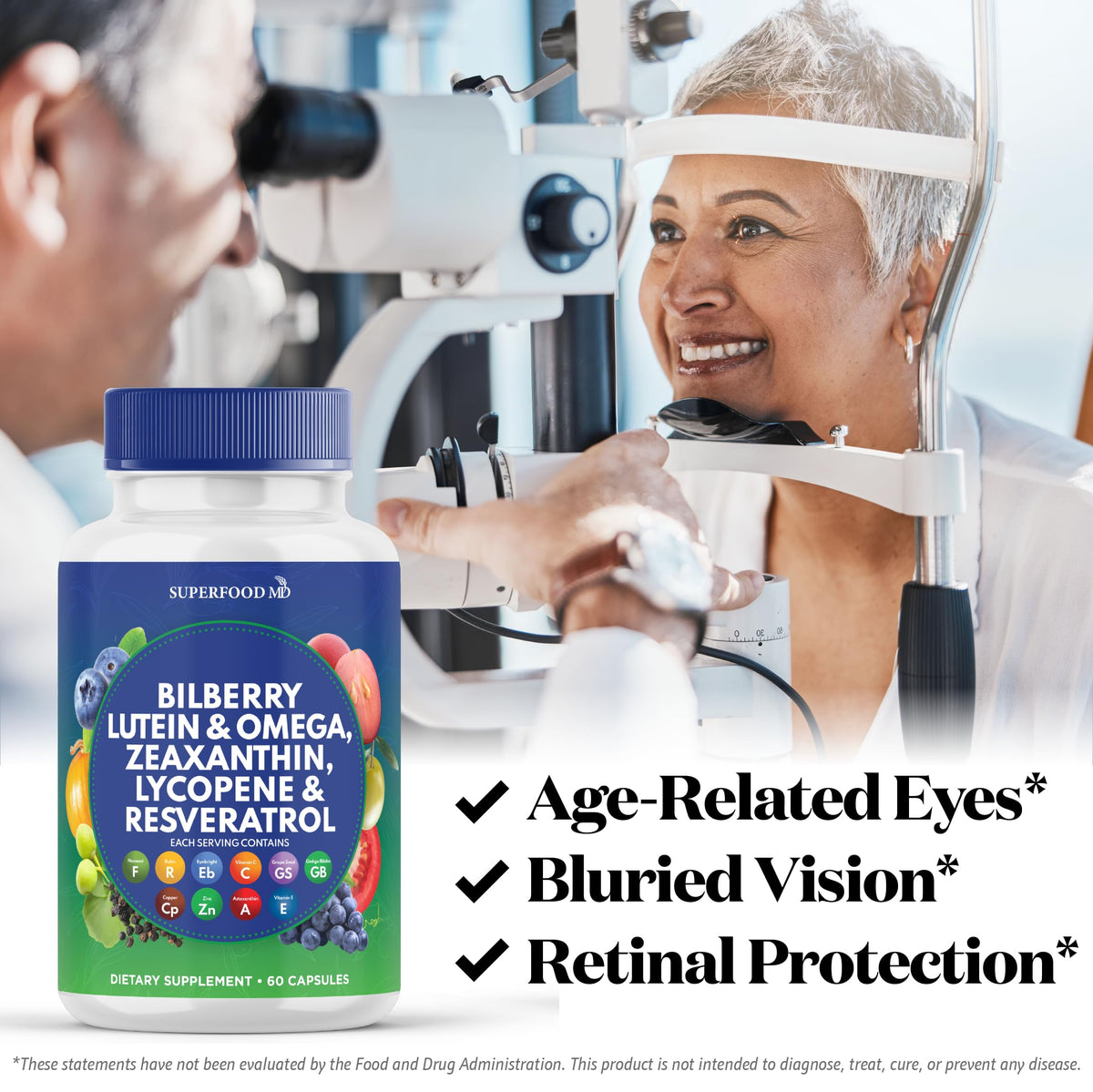 Side angle of Superfood MD macular support supplement for digital eye strain relief.