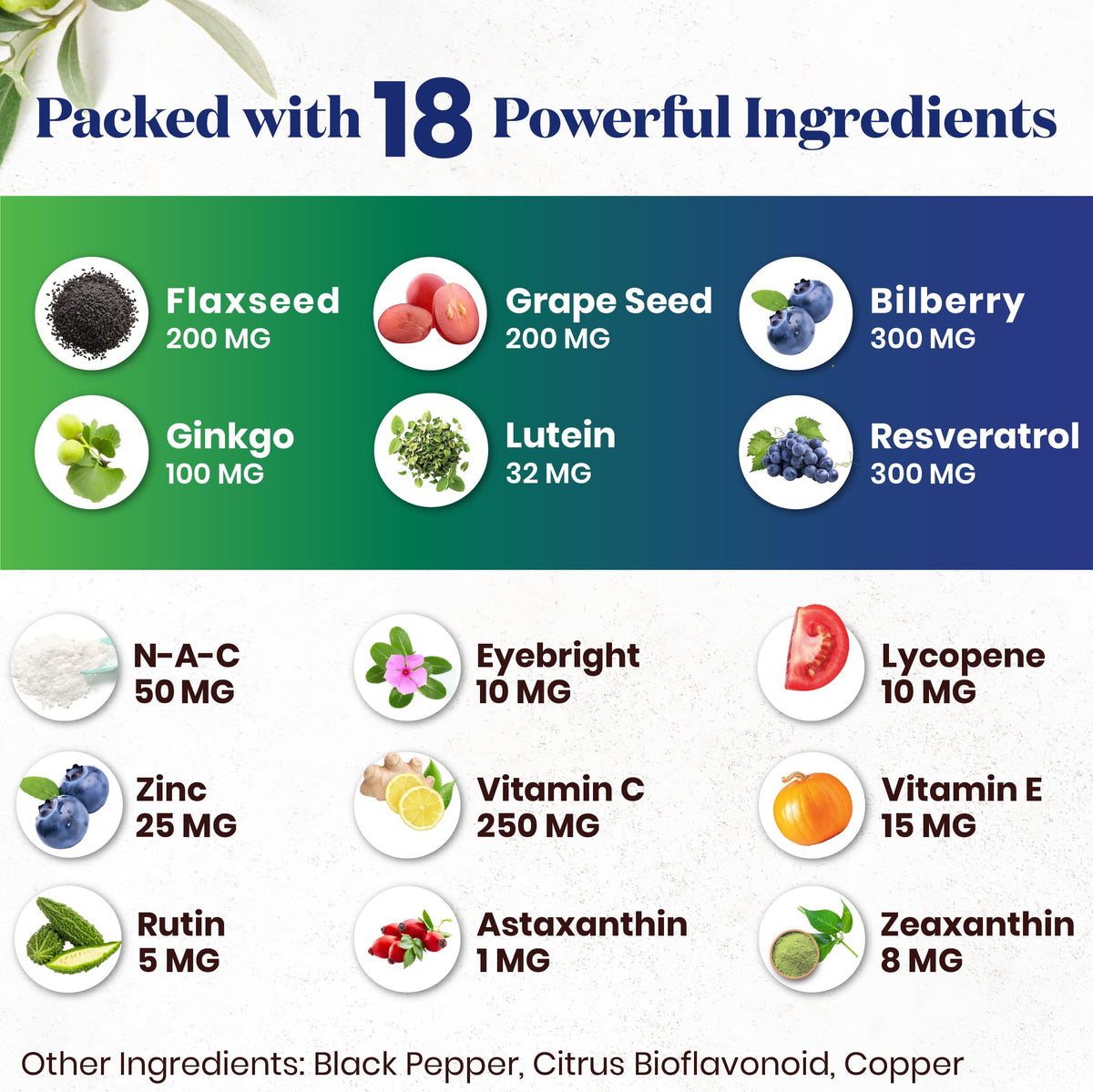 Authentic USA imported Superfood MD eye care capsules highlighting blue light filtration benefits.