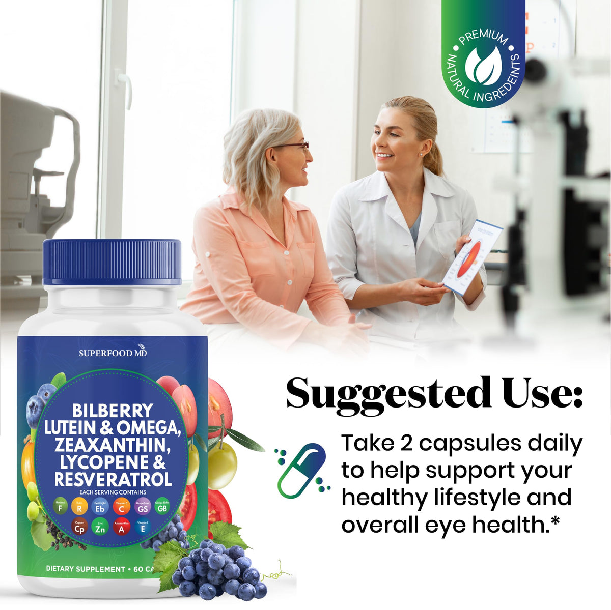 Superfood MD Eye Health supplement packaging demonstrating full 180 capsules quantity.