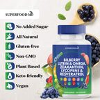 Back label of Superfood MD eye vitamins detailing the Resveratrol Lycopene and Astaxanthin blend.