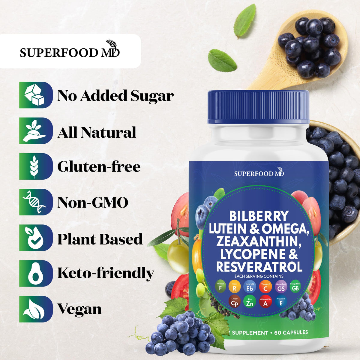 Back label of Superfood MD eye vitamins detailing the Resveratrol Lycopene and Astaxanthin blend.