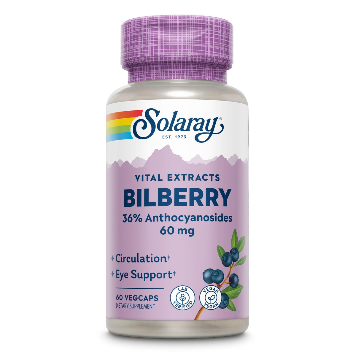 Sixty vegetarian capsules of Solaray imported bilberry extract for night vision