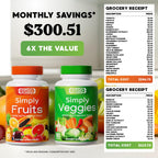 Simply Nature's Pledge 42 fruits and veggies dietary supplement bottles side view showing ingredient facts