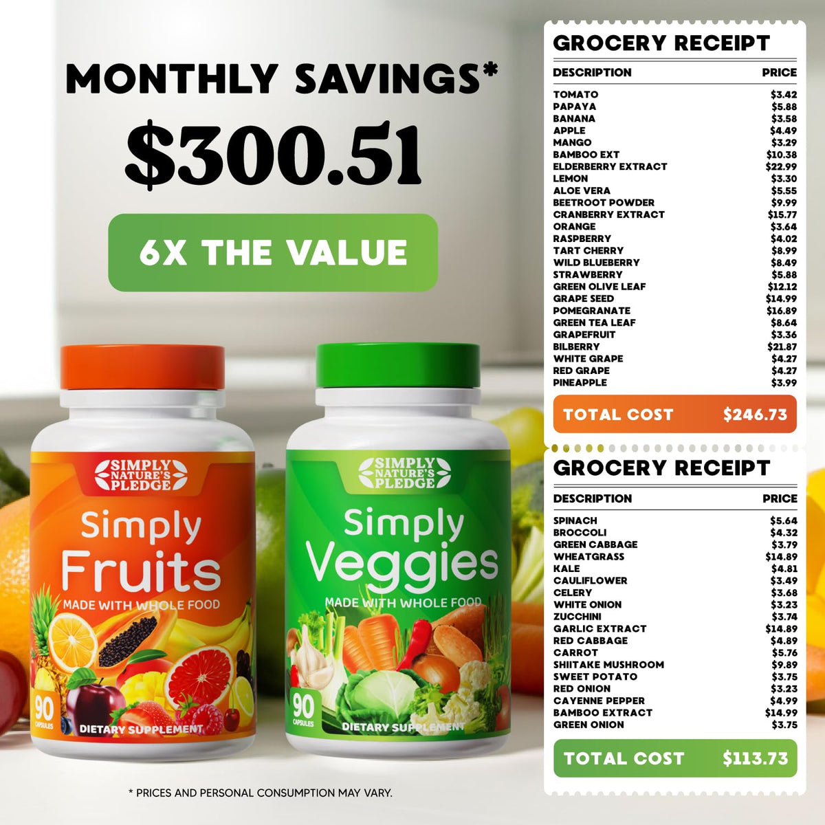 Simply Nature's Pledge 42 fruits and veggies dietary supplement bottles side view showing ingredient facts