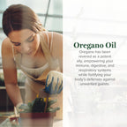 Global Healing liquid oregano capsules bottle showing supplement facts and organic ingredients