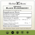 Herbal Roots organic Sambucus nigra immune support capsules supplement facts label.